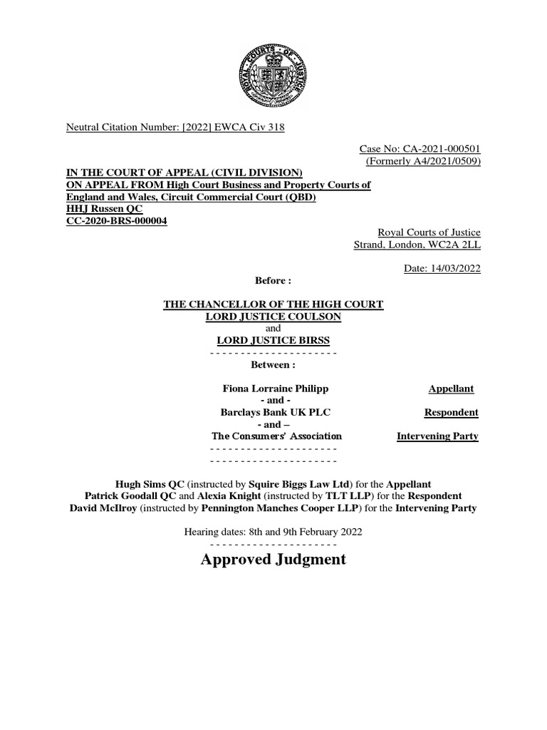 Philipp v. Barclays Bank (2022) EWCA Civ 318 | Download Free PDF