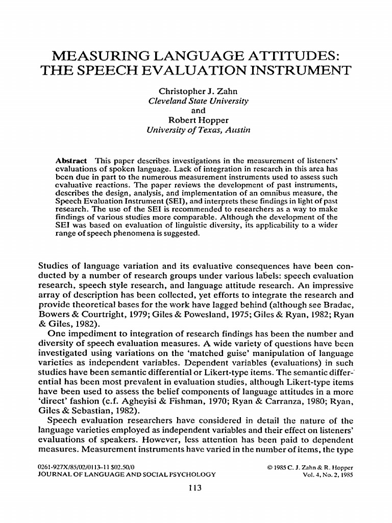 Zahn & Hopper, Measuring Language Attitudes The Speech Evaluation