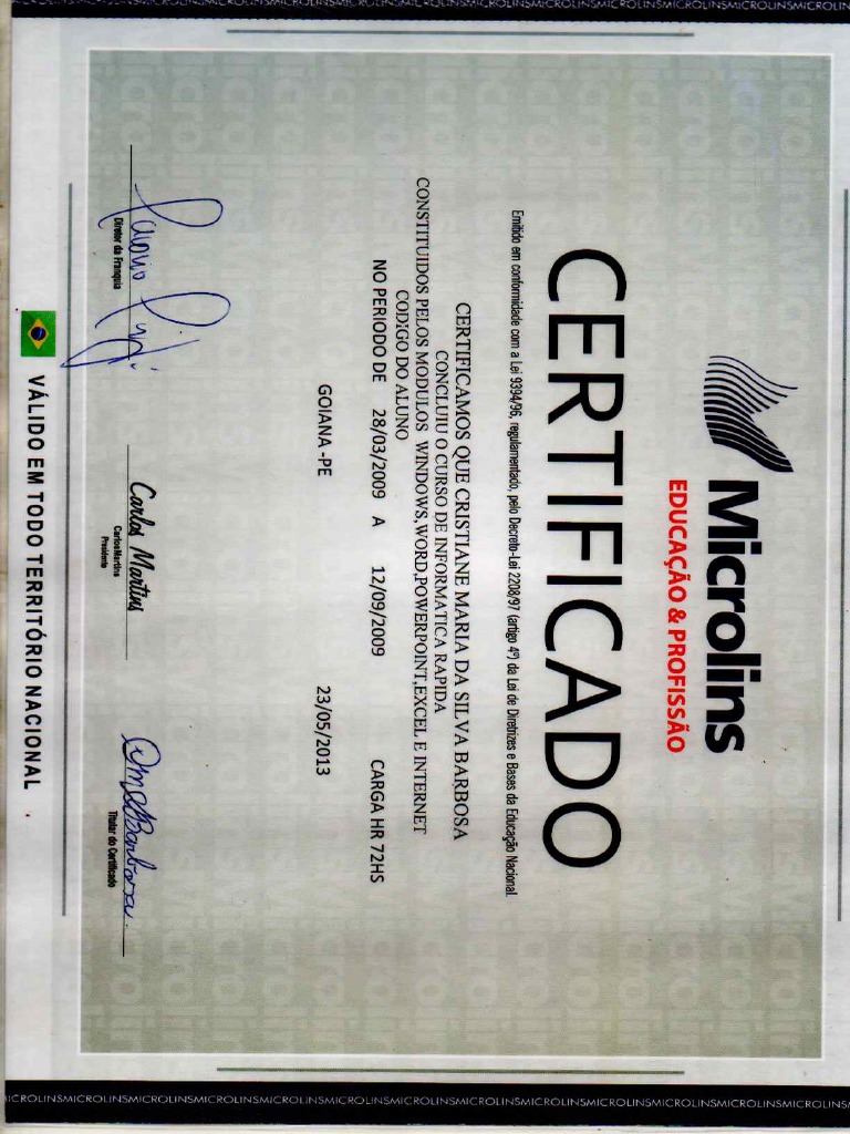 Certificado Informática Cristiane Pdf