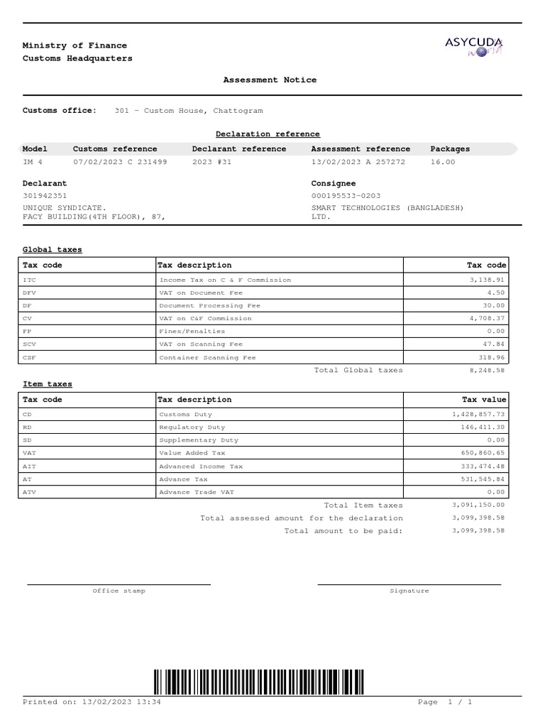Assessment of Import Duties and Taxes on a Shipment of 16 Packages
