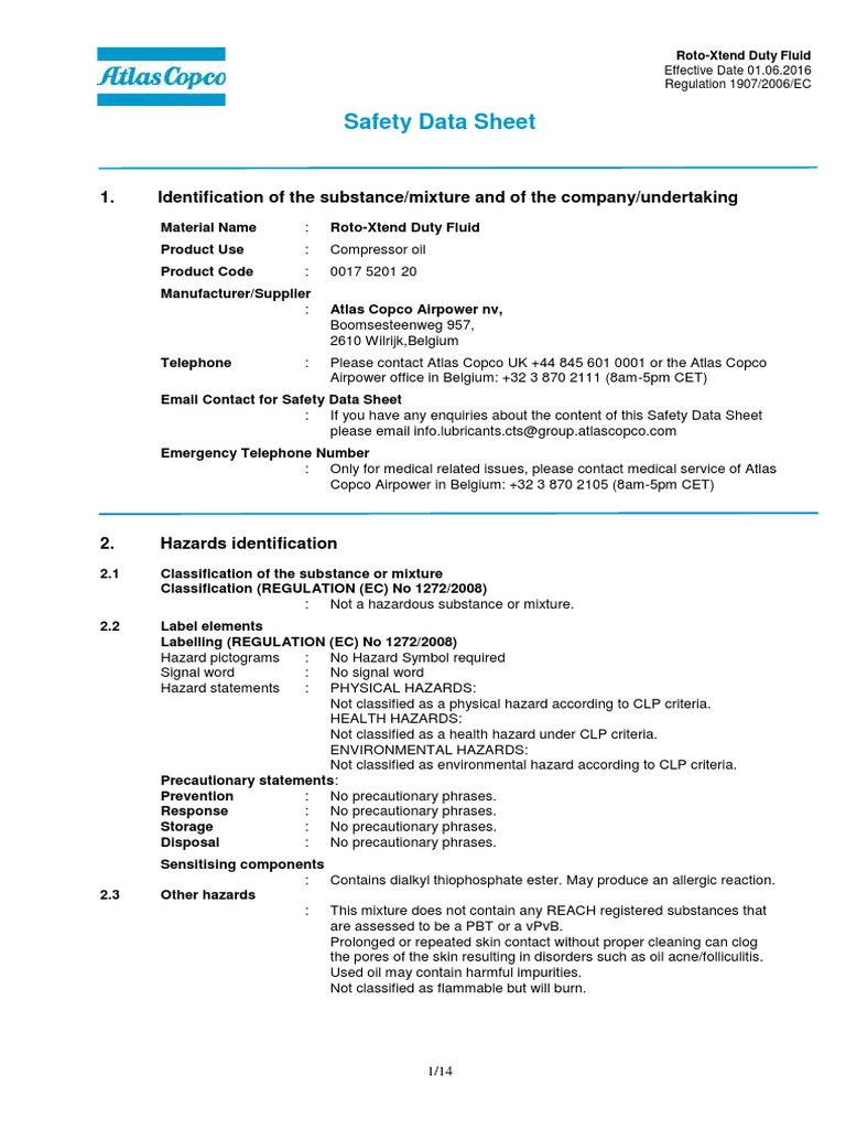 Atlas Copco Roto Xtend Duty Fluid SDS PDF Dangerous Goods