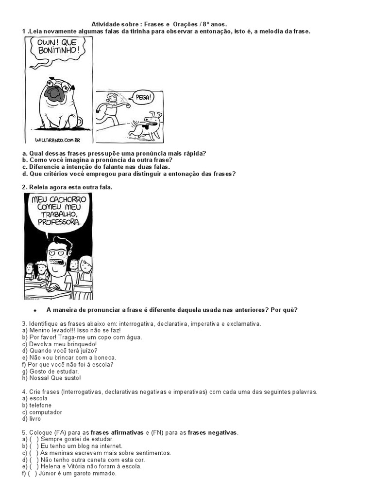 Atividade sobre Frases e Orações 8º Ano | PDF | Linguística, image size:768x1024