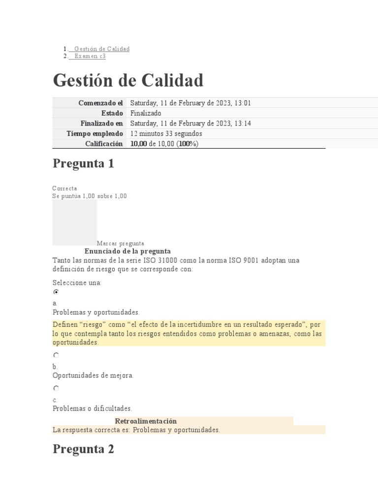Examen C3 - Gestión de Calidad | PDF | Business