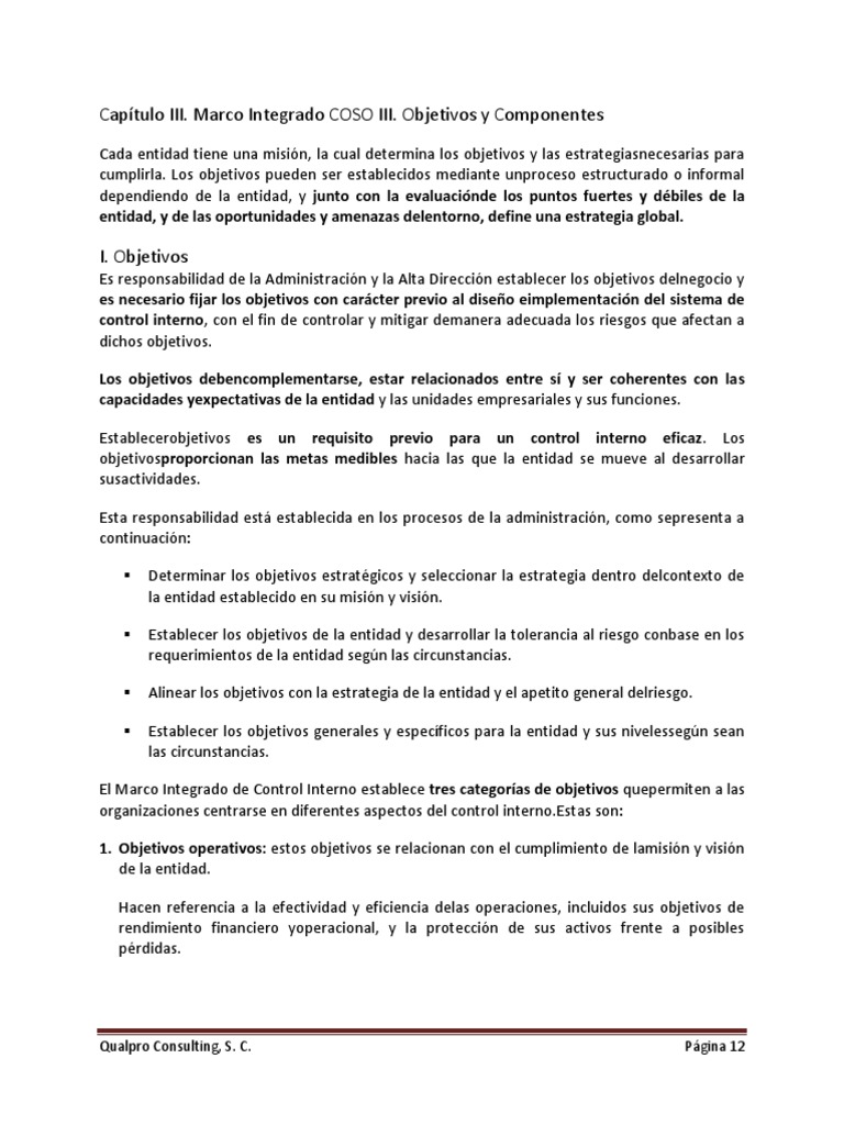 Objetivos y Componentes del Control Interno COSO | PDF | Información ...