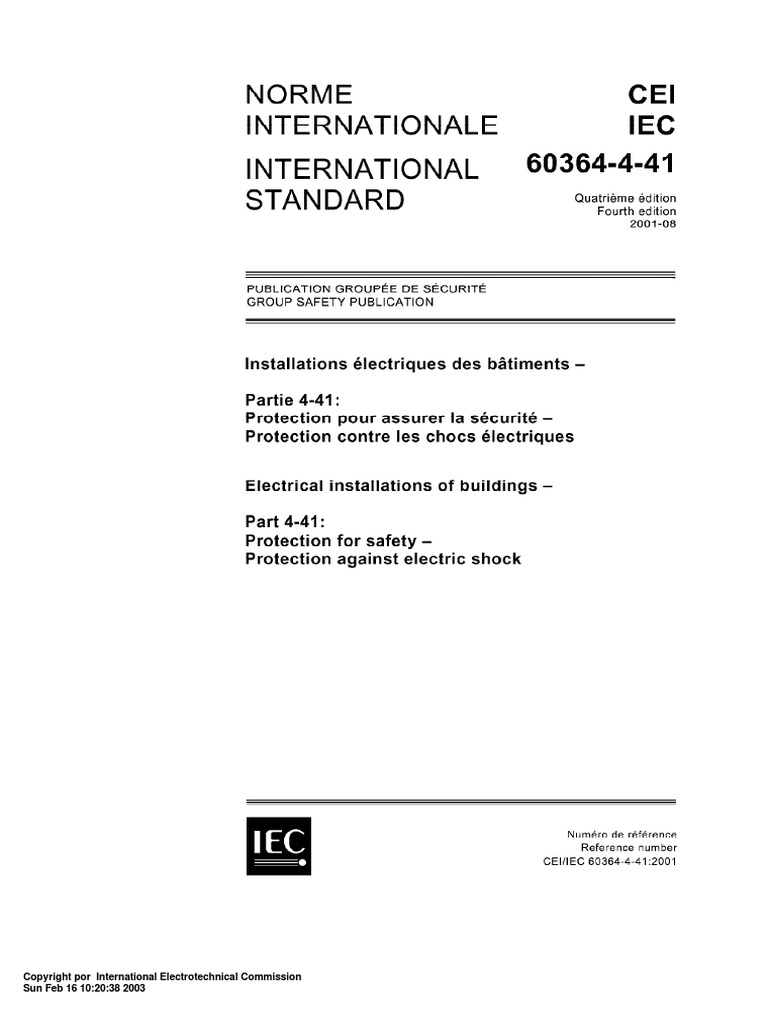 IEC 60364 - 4!41!2001 - Electrical Installation of Buildings | PDF