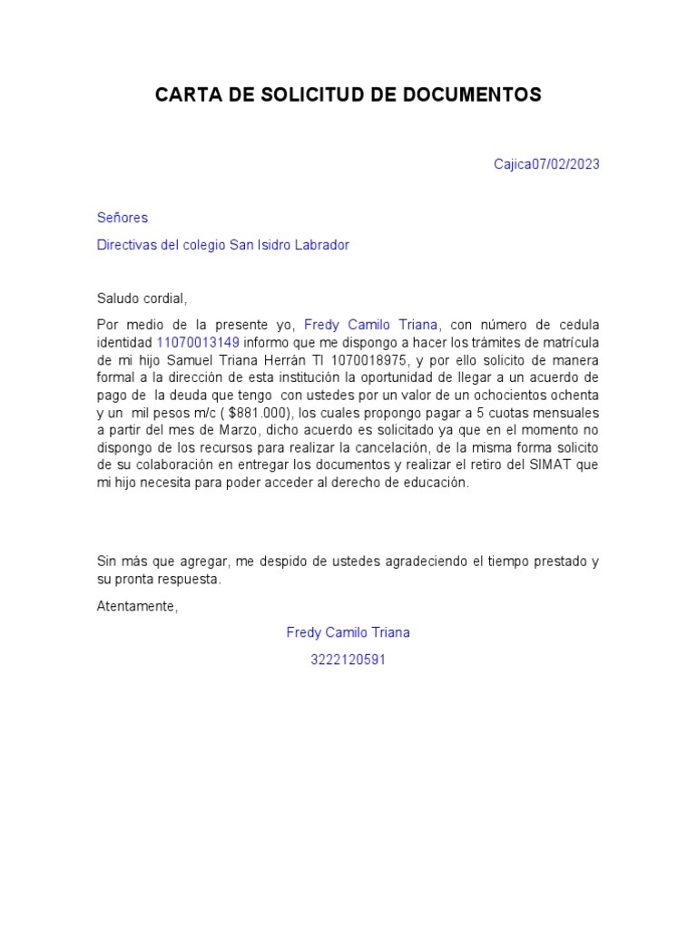 Carta de solicitud de documentos pdf