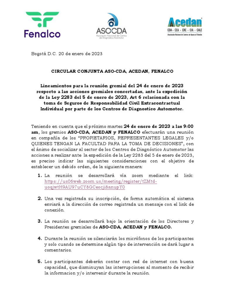 Circular Lineamientos Reunion ASO-CDA - ACEDAN - FENALCO | PDF