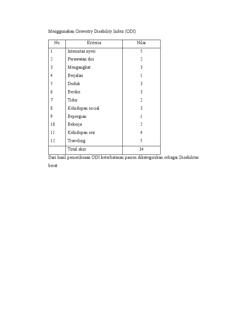 Printable Oswestry Disability Index Oswestry Disability Index (odi ...