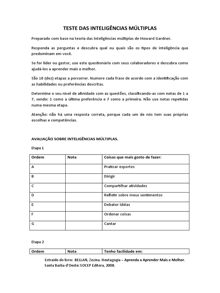 Teste de Inteligências Múltiplas de Gardner | PDF | Ciência cognitiva ...