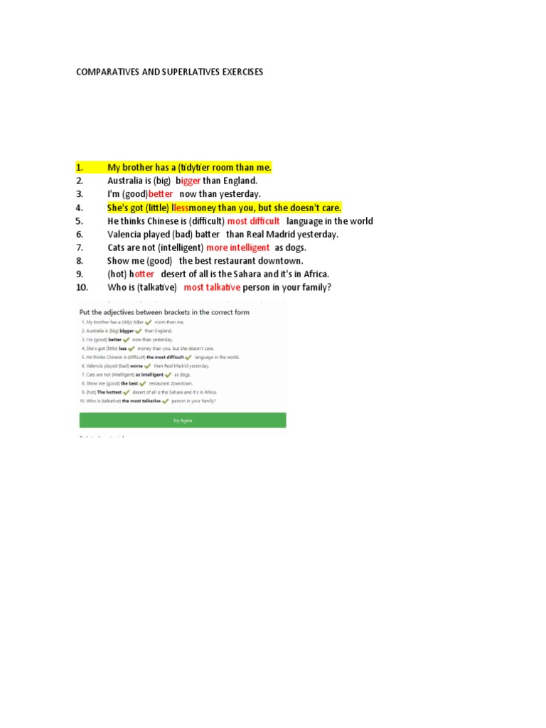 COMPARATIVE AND SUPERLATIVE EXERCISES WITH ANSWERS PDF CLASS visual data 3