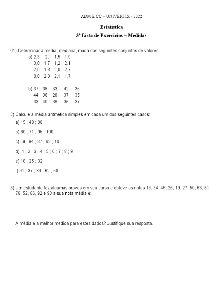 Exercícios de Estatística | PDF