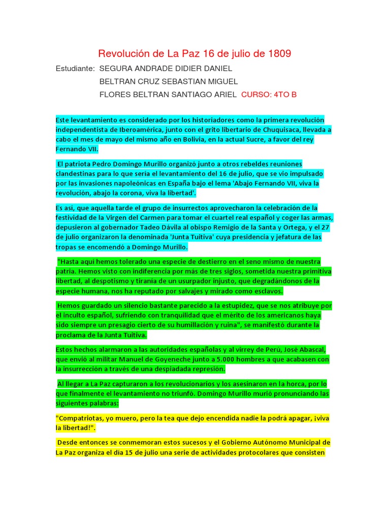 Revolución De La Paz 16 De Julio De 1809 Pdf