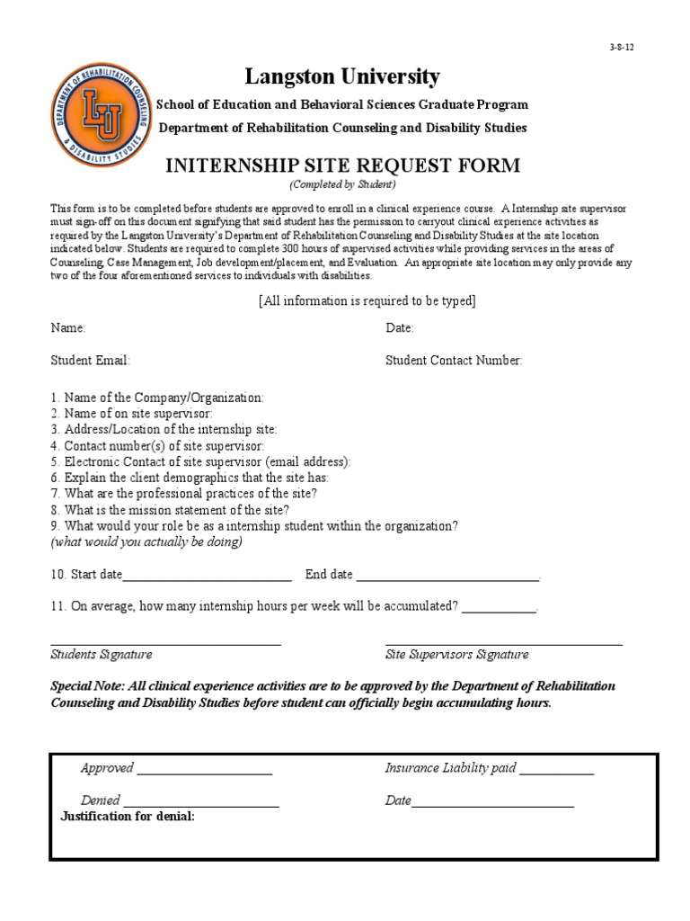 Internship Site Request Form-7-27-12 | PDF | Internship | Job Hunting