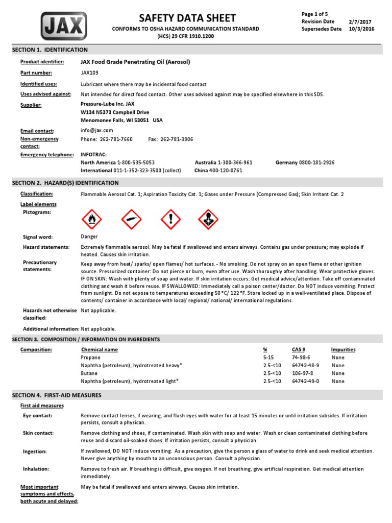 MSDS JAX Food Grade Oil Aerosol SDS 020717