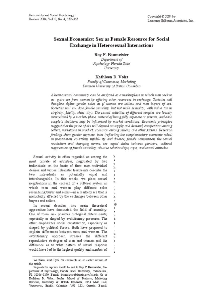 Sexual Economics: Sex As Female Resource For Social Exchange in ...