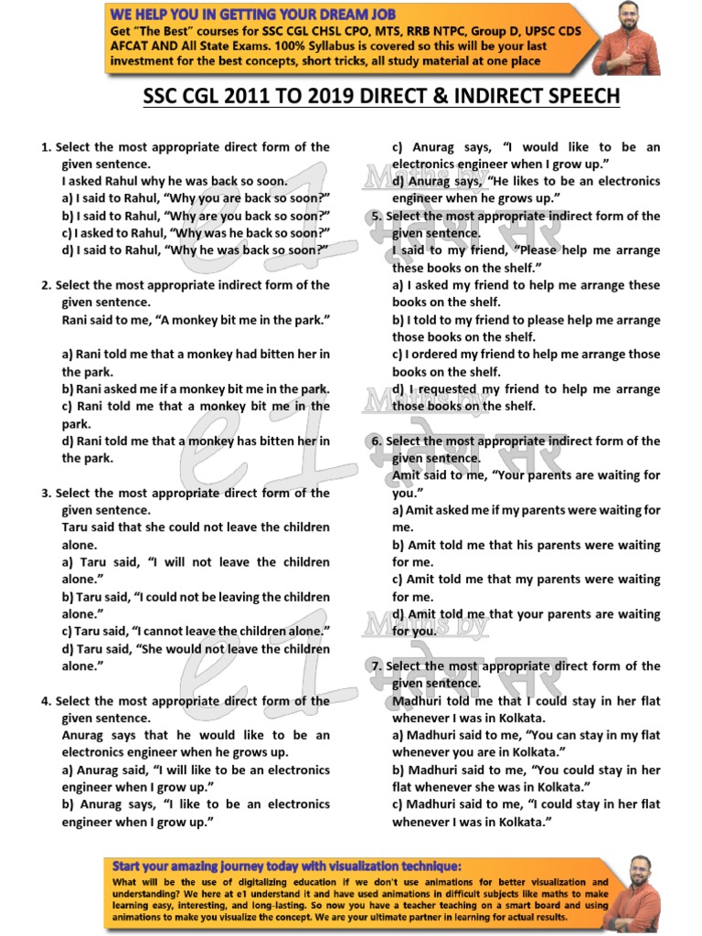 SSC CGL 2011 To 2019 Direct & Indirect Speech | PDF | Question