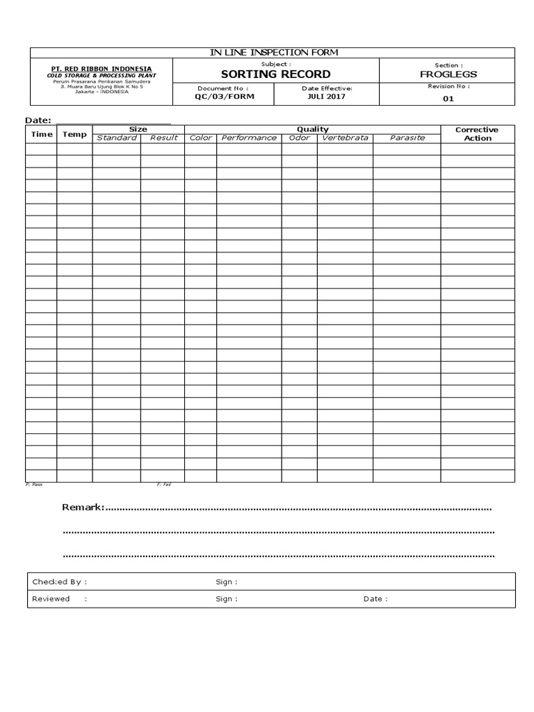 Sorting &amp; Thawing Record | PDF