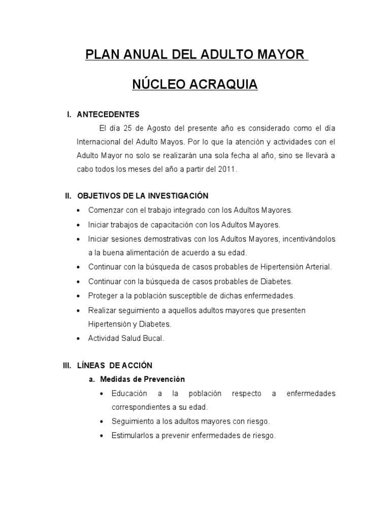 Plan de Trabajo para Adultos Mayores | PDF | Diabetes | Hipertensión