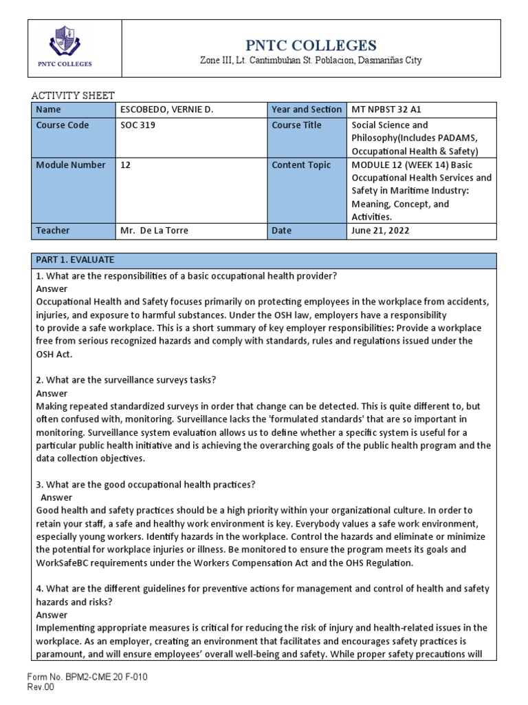 Basic Occupational Health Services and Safety in the Maritime Industry