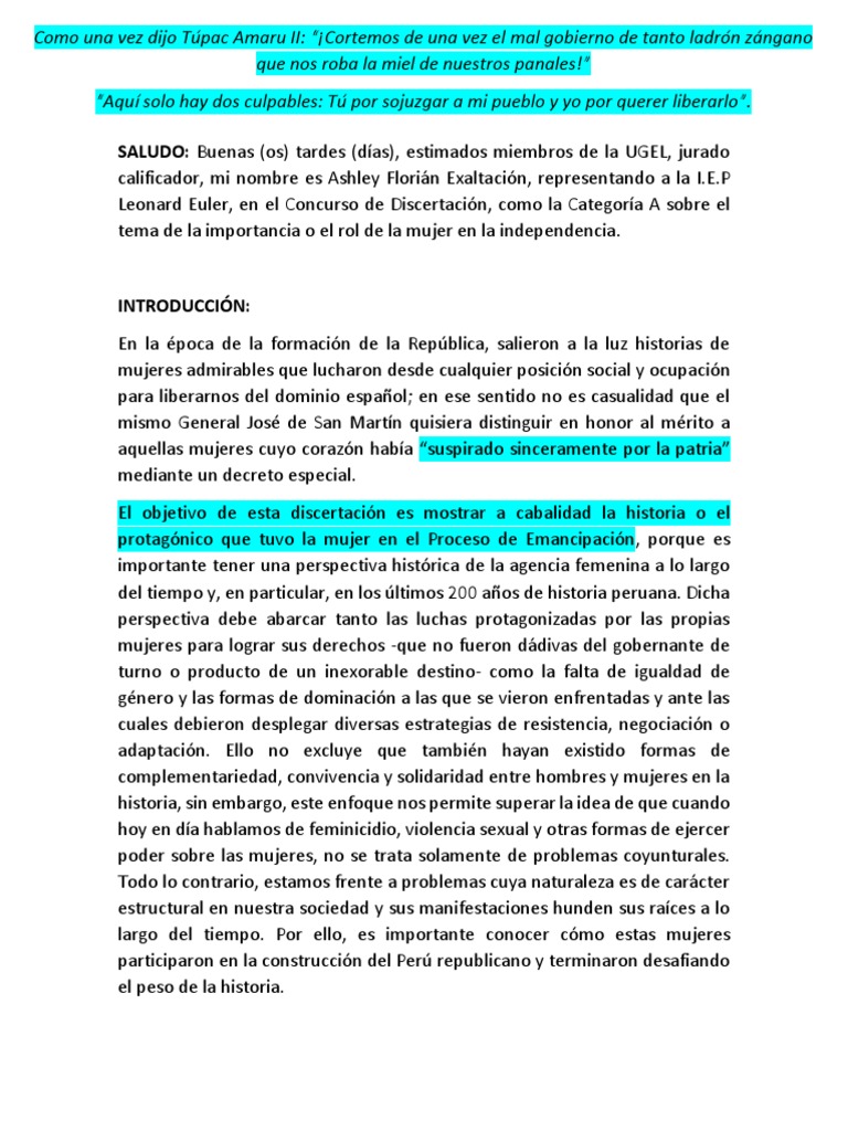 La Mujer en Tiempos de La Independencia Del Perú (Verdadero) PDF