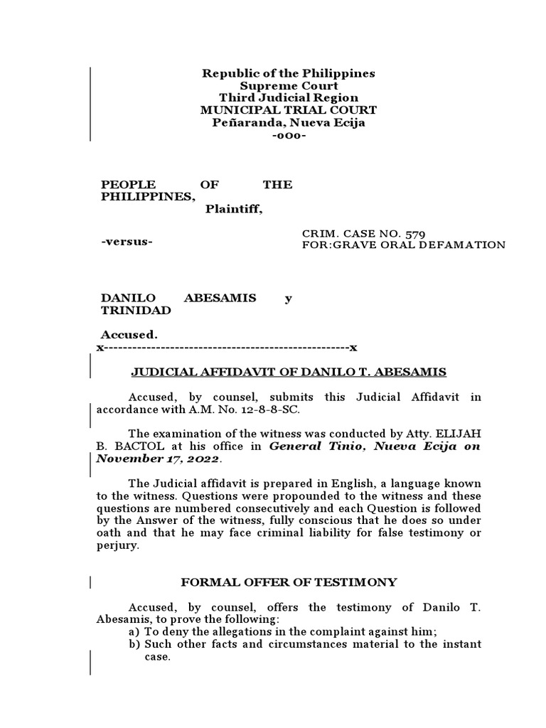 Judicial Affidavit on Grave Oral Defamation | PDF | Affidavit | Perjury