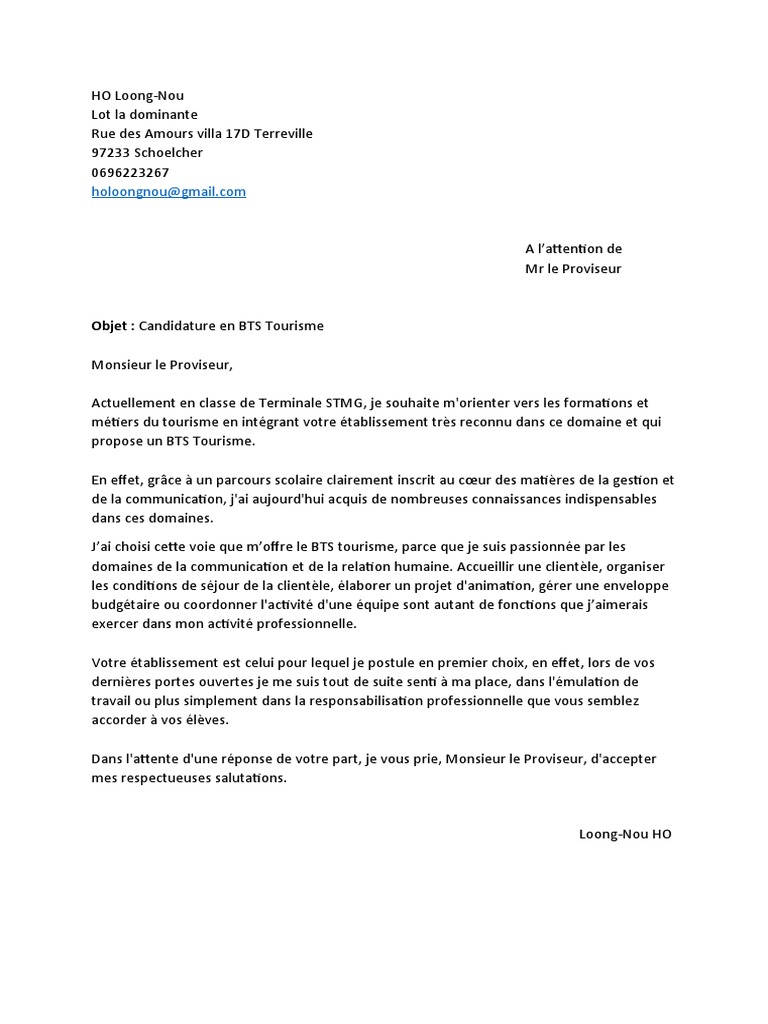 Lettre de Motivation BTS Tourisme pour MR Alger Proviseur PDF