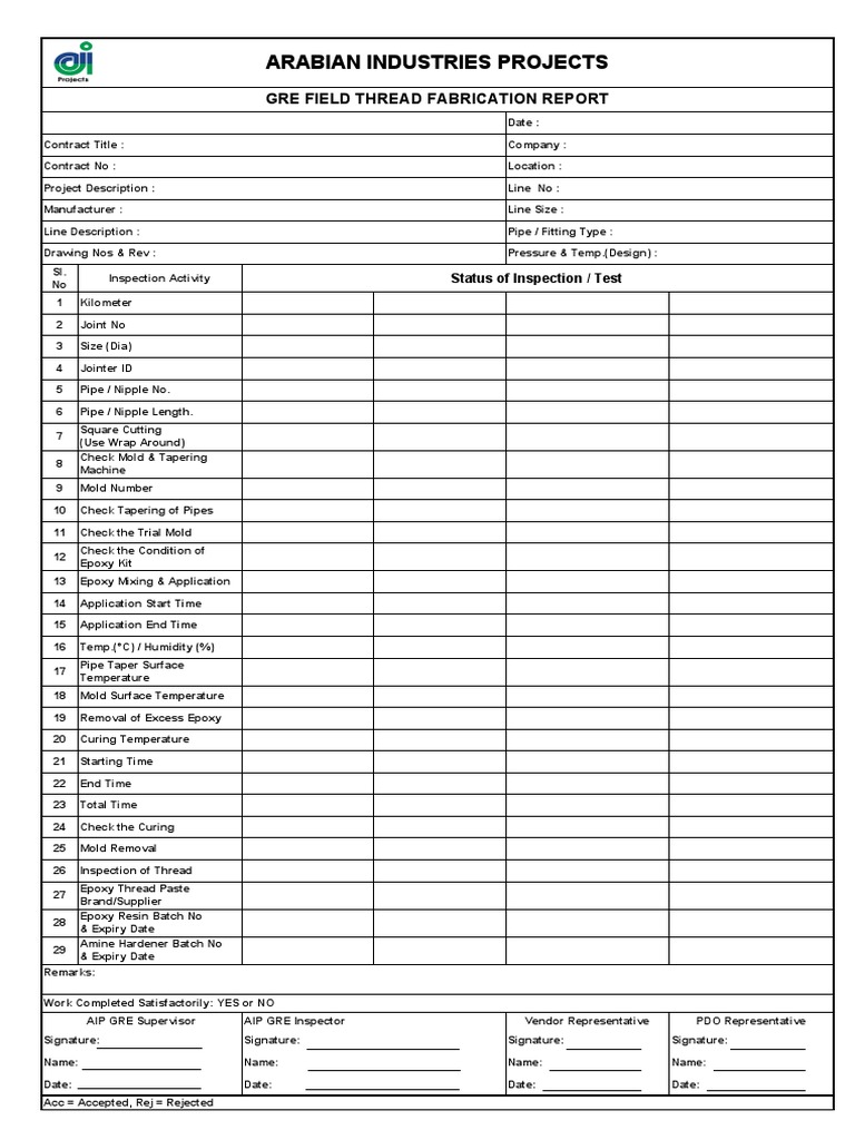 GRE Field Thread Fabrication Report | PDF | Technology & Engineering