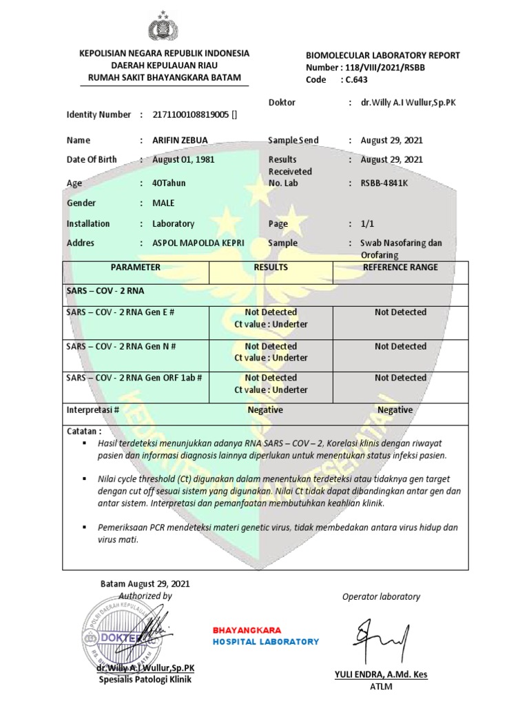 Hasil Negatif PCR SARS-CoV-2 Arifin Zebua | PDF