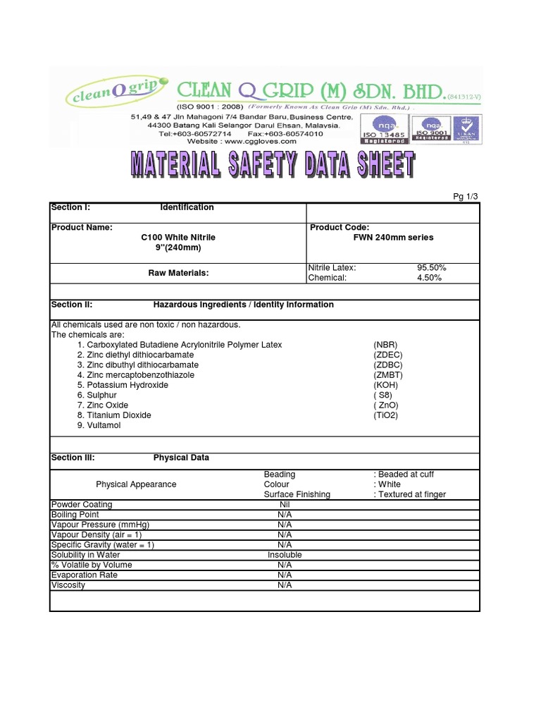 MSDSC100 White Nitrile 9 (240mm) Download Free PDF Zinc Oxide