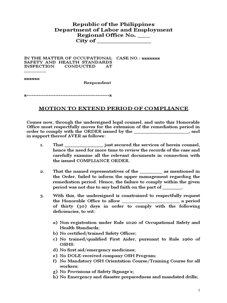 Motion To Extend Compliance Period 1 | PDF | Occupational Safety And ...