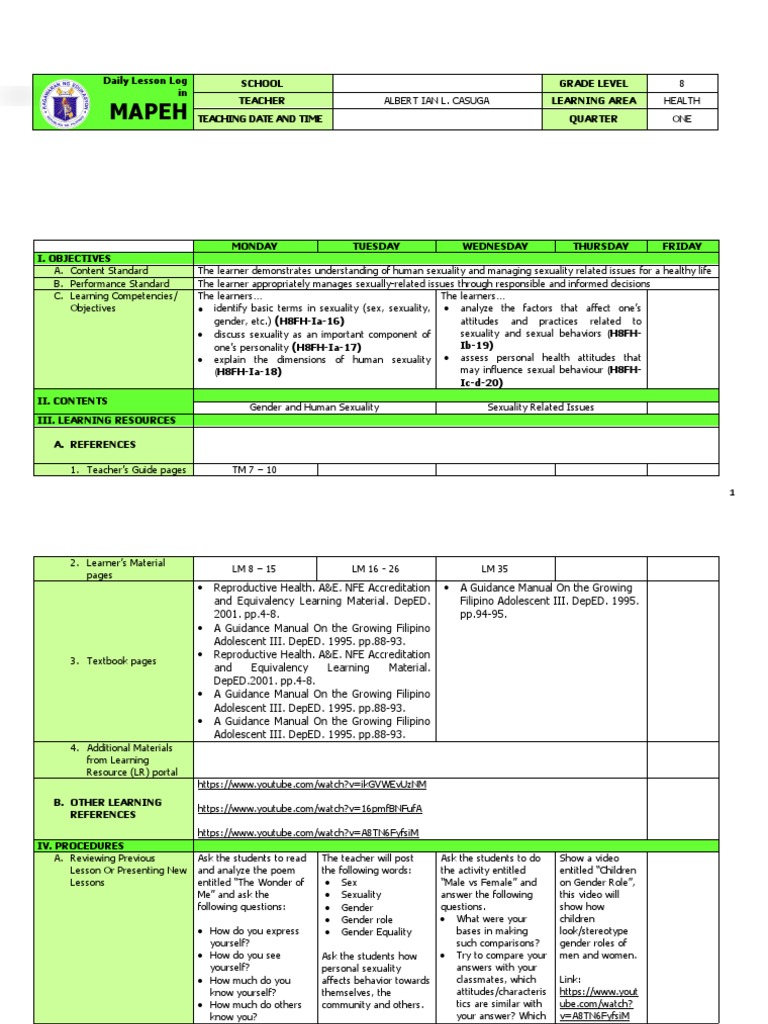 MAPEH Daily Lesson Log: Human Sexuality | PDF | Gender Studies | Gender