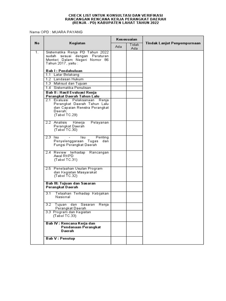 Verifikasi Renja OPD Muara Payang 2022 | PDF