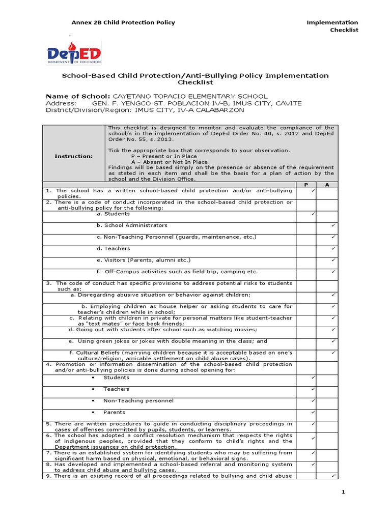 Child Protection Policy Implementation Checklist | PDF | Bullying ...