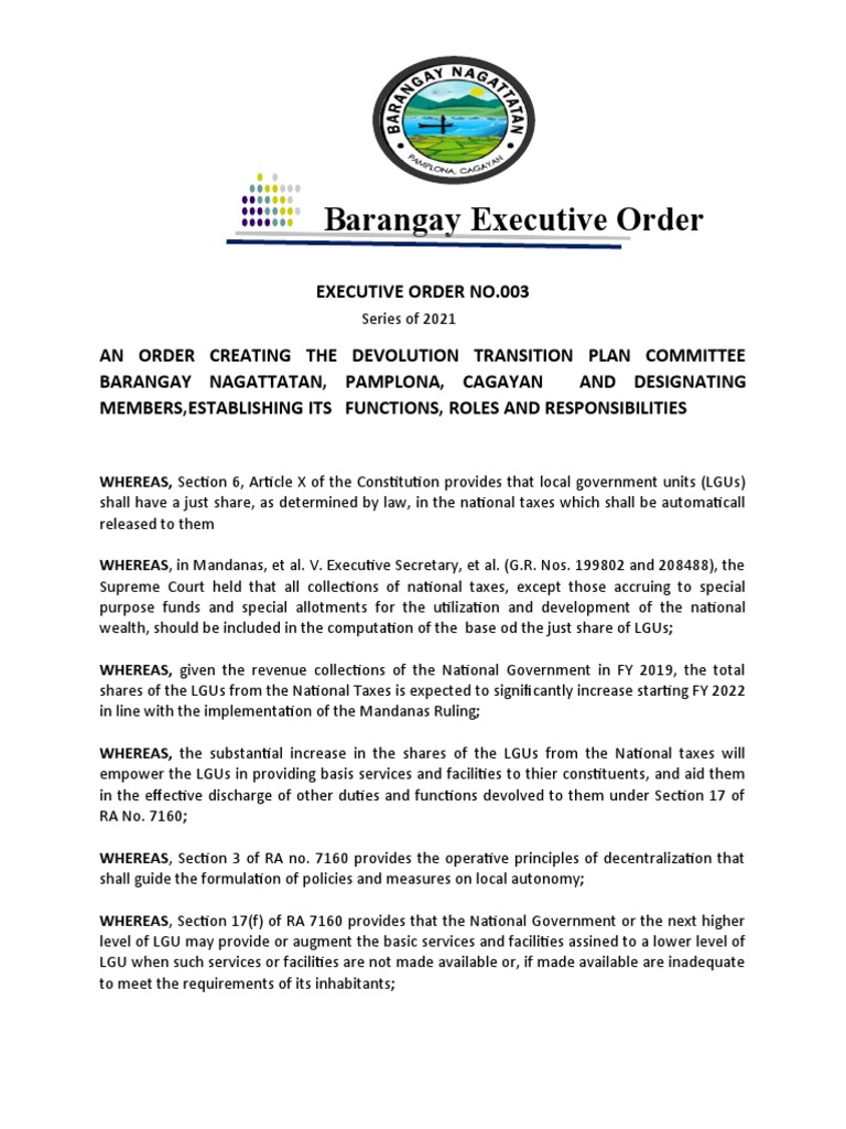 Barangay Executive Order PDF Devolution Local Government