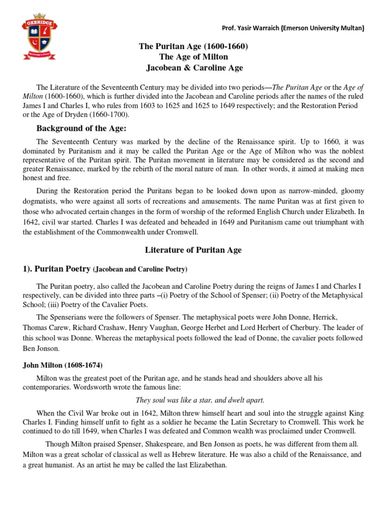 Puritan Age PDF John Milton Paradise Lost