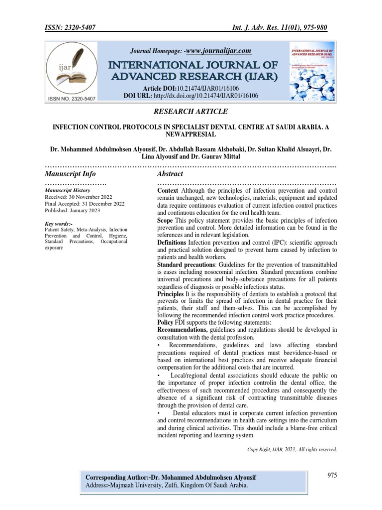 Infection Control Protocols in Specialist Dental Centre at Saudi Arabia