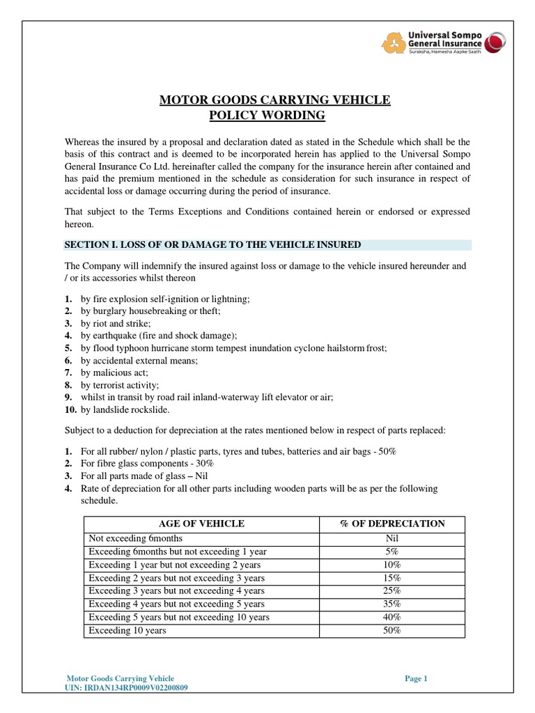 Motor Goods Carrying Vehicle Policy Wordings PDF Insurance