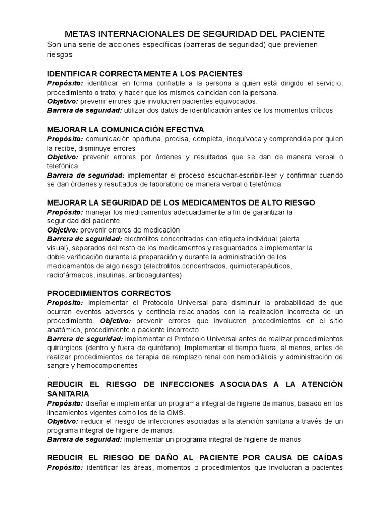 Metas Internacionales de Seguridad del Paciente | PDF | Seguridad del ...
