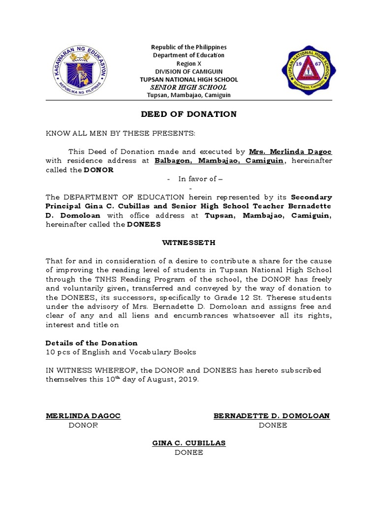 Deeds of Donation for TNHS Programs | PDF | Deed | Common Law