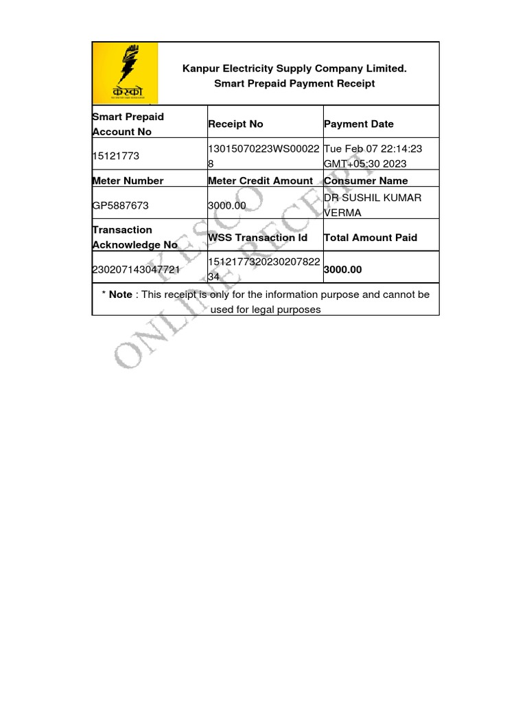 Kanpur Electricity Supply Company Limited Smart Prepaid Payment Receipt