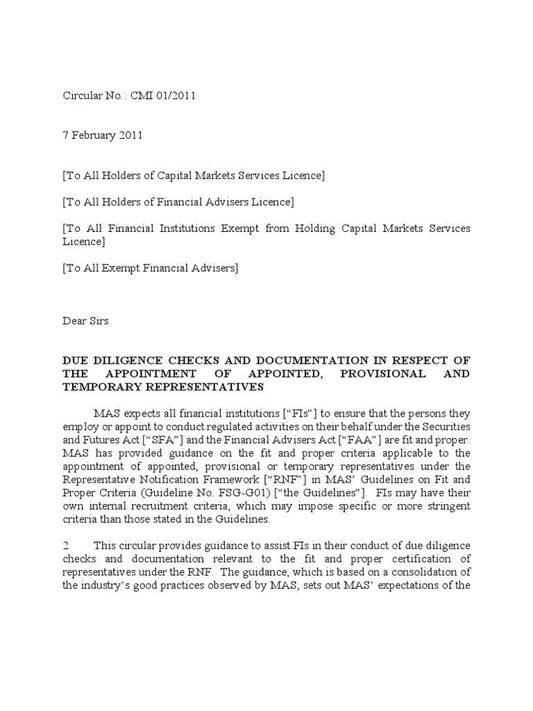 Sfa faa circular cmi 01 2011 due diligence checks and documentation for