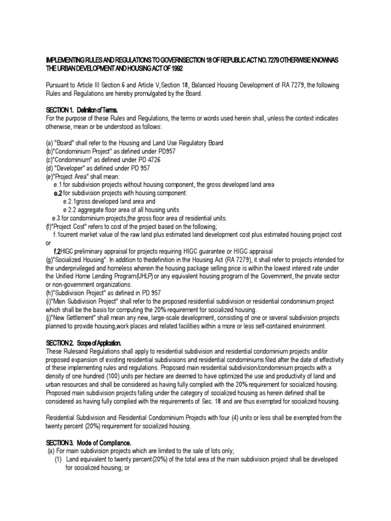 IRR of RA 7279: Section 18 Guidelines | PDF | Zoning | Real Estate ...