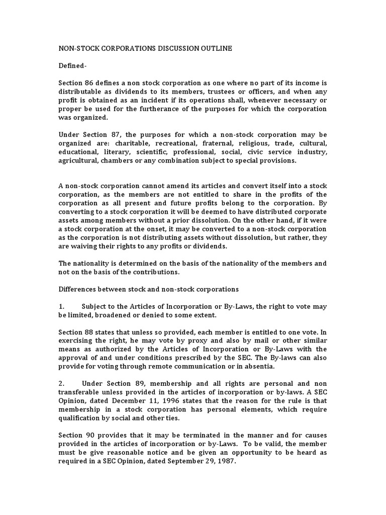 Lesson 2 NON STOCK CORPORATIONS PDF Corporations Dividend