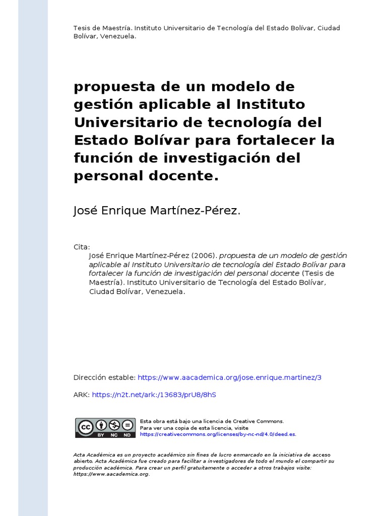 José Enrique Martínez-Pérez (2006). propuesta de un modelo de gestión  aplicable al Instituto Universitario de tecnología del Estado (...) | PDF |  Conocimiento | Universidad
