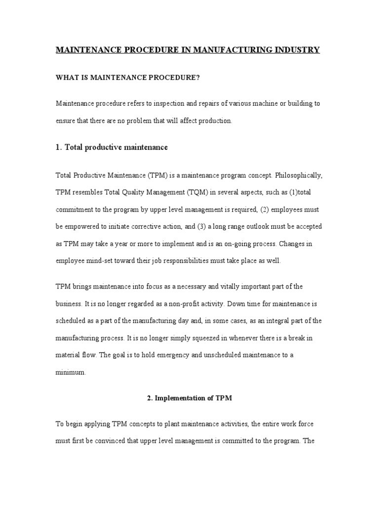 Maintenance Procedure in Manufacturing Industry | PDF | Factory ...