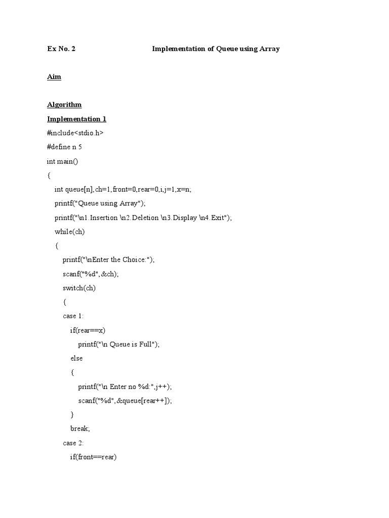 Ex No 2 Implementation of Queue Using Array | PDF | Queue (Abstract ...