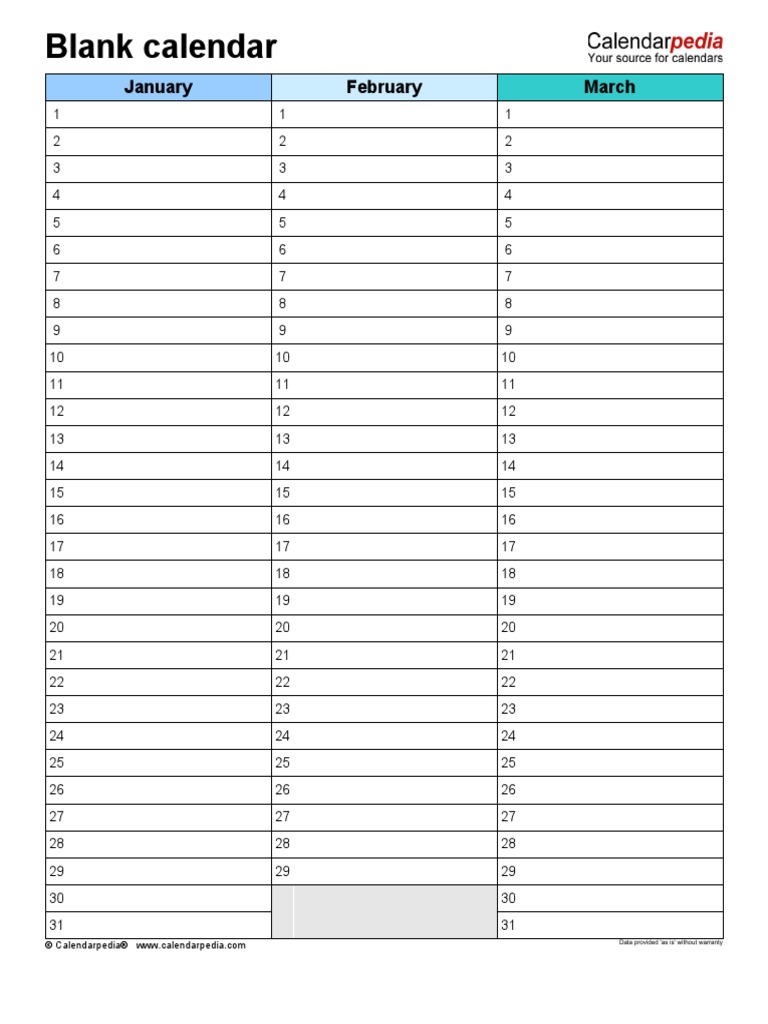 Blank Calendar Portrait 4 Pages | PDF