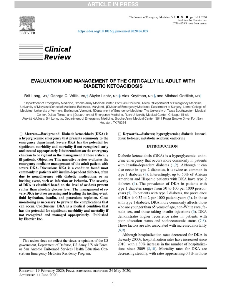 Evaluation and Management of The Critically Ill Adult With Diabetic ...