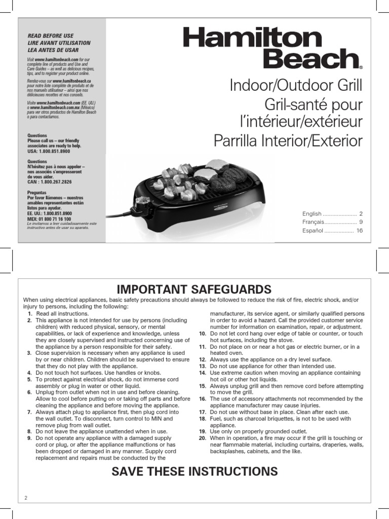 Hamilton Beach Indoor Grill PDF Ac Power Plugs And Sockets Grilling