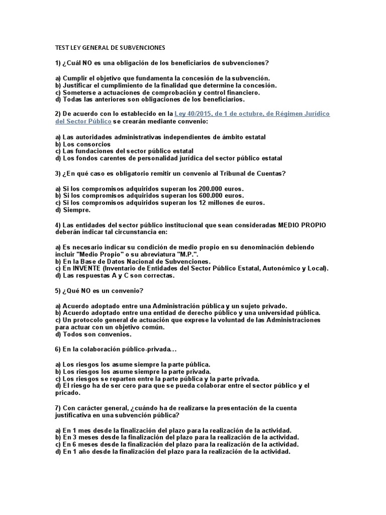 Test Ley General de Subvenciones | PDF | Otorgar dinero) | Esfera pública